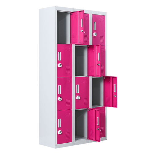 Grey with Pink Door 12-Door Locker for Office Gym Shed School Home Storage - 3-Digit Combination Lock