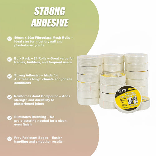 24-Pack Fibreglass Plasterboard Joint Tapes – 50mm x 90m Self-Adhesive Drywall Mesh Rolls for Strong Seam Repairs
