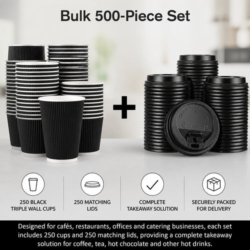 Black Triple Wall Coffee Cups with Matching Lids 500 Piece set 16oz