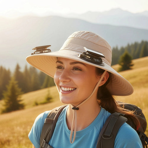 Solar & USB Powered Cooling Hat with Dual Fan – Khaki Outdoor Sun Hat