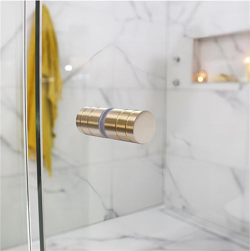 90x90cm Corner Frameless Shower Screen with Gold Brackets and SS Hinges, Round Knob Handle