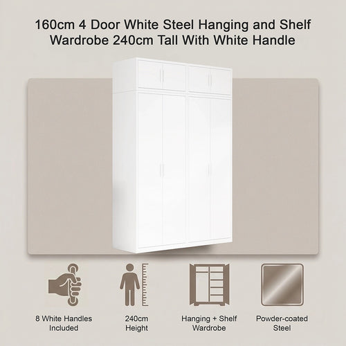 160x240cm 4-Door White Steel Hanging and Shelf Wardrobe with White Handle Storage Cabinet