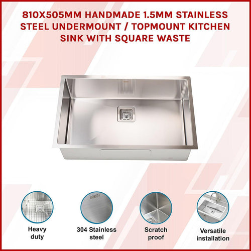 810x505mm Handmade 1.5mm Stainless Steel Sink with Square Waste