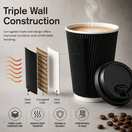Black Triple Wall Coffee Cups with Matching Lids 500 Piece set 16oz