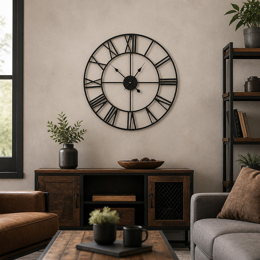 Large Wall Clock with Black Industrial Metal Design