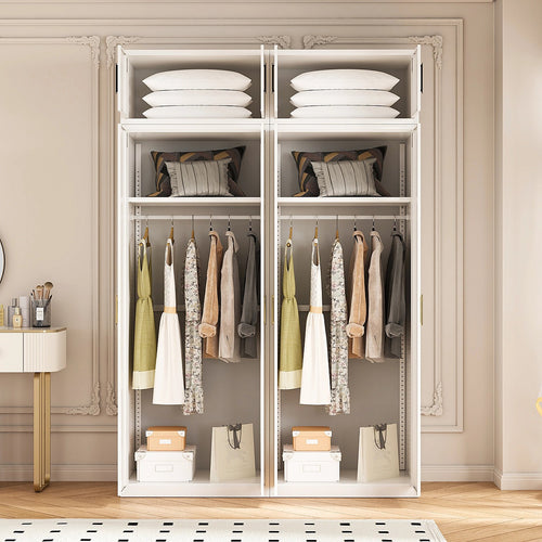 160x240cm 4-Door White Steel Hanging Wardrobe with Gold Handle Storage Cabinet