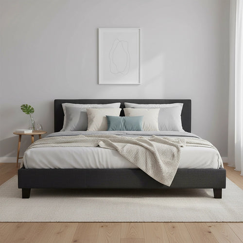 King Size Bed Frame with Headboard – Grey Linen Fabric