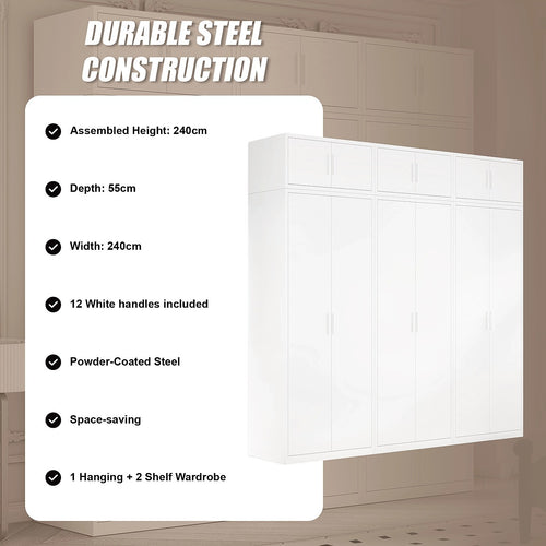 240x240cm 6-Door White Steel 1 Hanging and 2 Shelf Wardrobe with White Handle Storage Cabinet