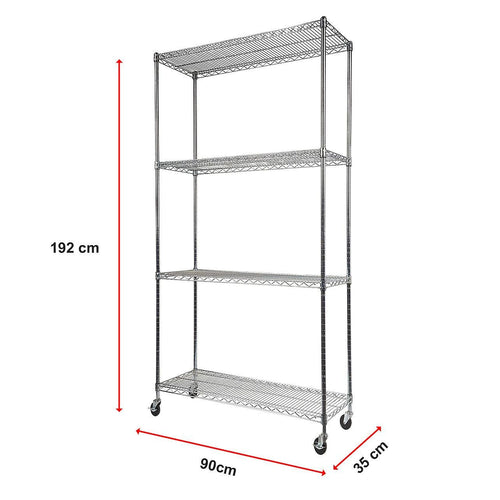 Modular Wire Storage Shelf 900 x 350 x 1800mm Steel Shelving - Carbon Chrome Plated with Wheels
