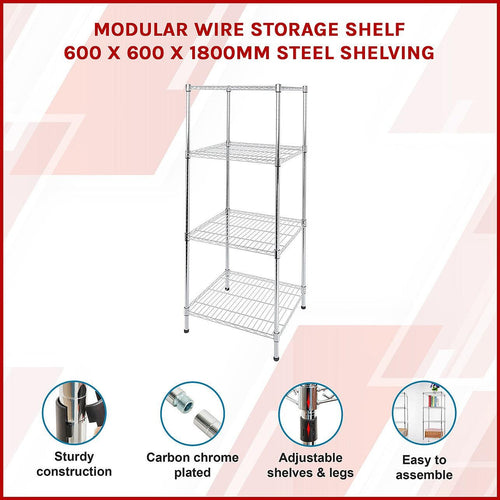 Modular Wire Storage Shelf 600 x 600 x 1800mm Steel Shelving - Carbon Chrome Plated