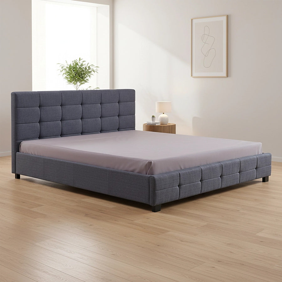 King Deluxe Grey Linen Fabric Upholstered Bed Frame with Headboard & Slats
