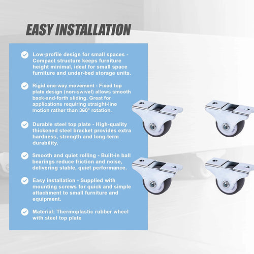 Mini Fixed Caster Wheels Rubber Low Profile Set of 4