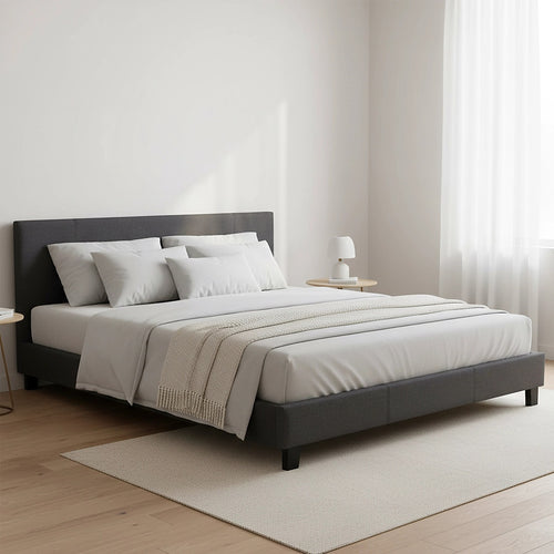 King Size Bed Frame with Headboard – Grey Linen Fabric