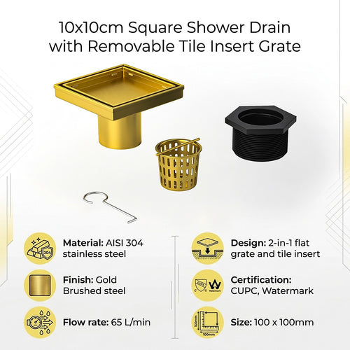 10 x 10cm Square Shower Drain with Tile Insert Grate – Gold Stainless Steel