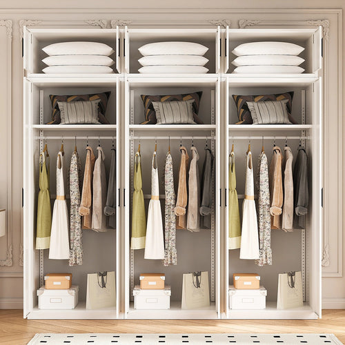 240x240cm 6-Door White Steel Hanging Wardrobe with Black Handle Storage Cabinet