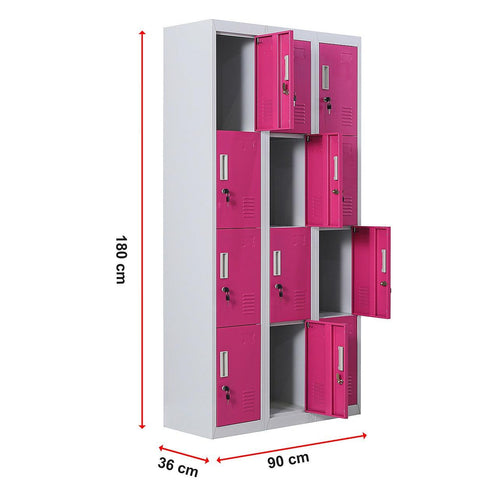 Grey with Pink Door 12-Door Locker for Office Gym Shed School Home Storage - Standard Lock with 2 Keys