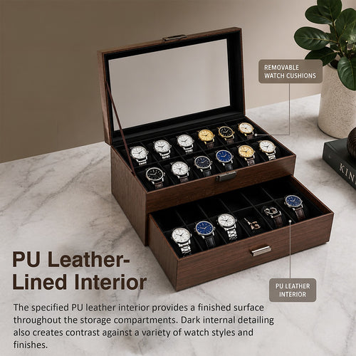Watch Box 24 Slot Display Case with Drawer & Clear Acrylic Lid