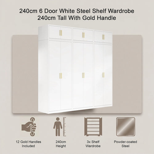 240x240cm 6-Door White Steel Shelf Wardrobe with Gold Handle Storage Cabinet
