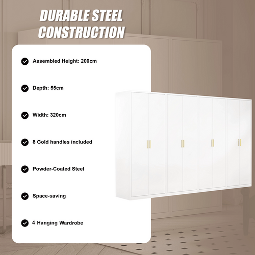 320x200cm 8-Door White Steel Hanging Wardrobe with Gold Handle Storage Cabinet