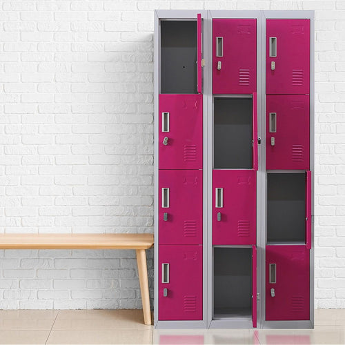 Grey with Pink Door 12-Door Locker for Office Gym Shed School Home Storage - Padlock-operated