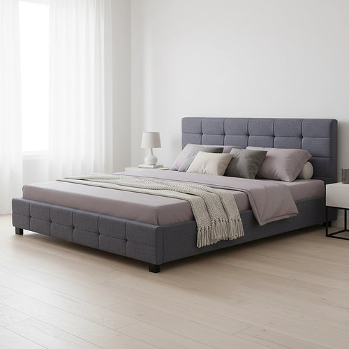 King Deluxe Grey Linen Fabric Upholstered Bed Frame with Headboard & Slats