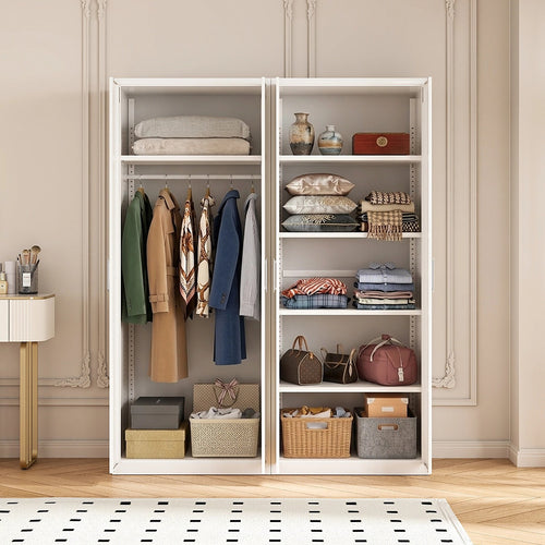 160x200cm 4-Door White Steel Hanging and Shelf Wardrobe with White Handle Storage Cabinet