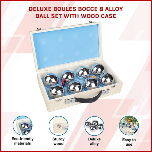 Deluxe Boules Bocce 8 Alloy Ball Set with Wood Case