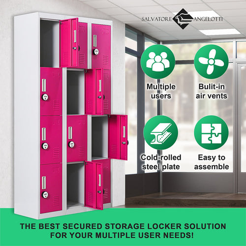 12-Door Locker – Grey with Pink Door with 4-Digit Combination Lock | Secure Storage for Office, Gym or School Use