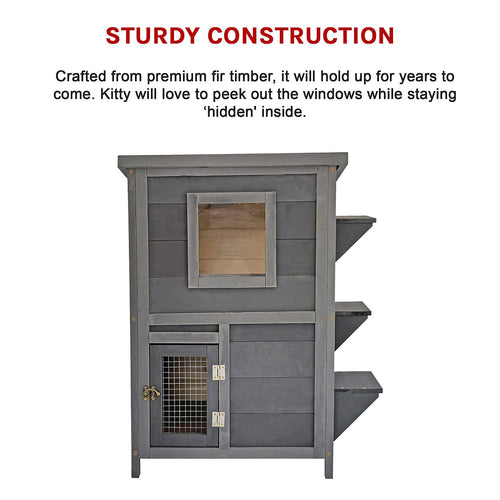 2-Story Wooden Cat House – Weatherproof Indoor/Outdoor Pet Shelter with Bitumen Roof