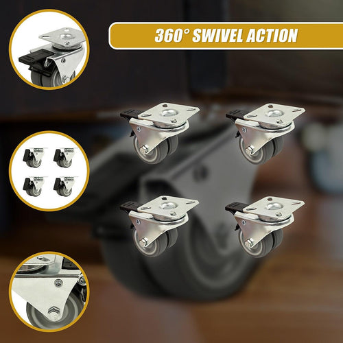 4 x 2" Heavy Duty Swivel Double Wide Castor Wheels Trolley 50mm Furniture Rubber With Brake