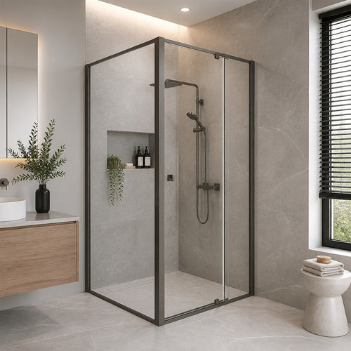 Semi-Frameless Shower Screen – Gunmetal, Front: (114~122)x195cm, Side: (98~101)x195cm