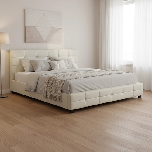 King Deluxe White PU Leather Upholstered Bed Frame with Headboard & Slats