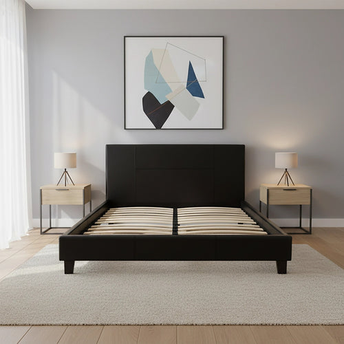 Queen Size Bed Frame with Headboard – Black PU Leather