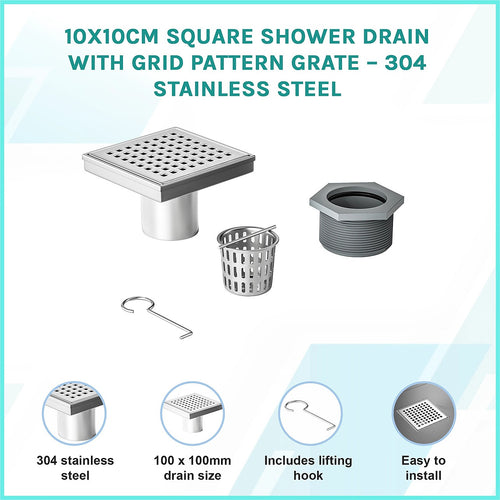 10x10cm Square Shower Drain with Grid Pattern Grate – Stainless steel 304SS