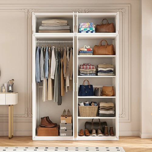 160x240cm 4-Door White Steel Hanging and Shelf Wardrobe with White Handle Storage Cabinet