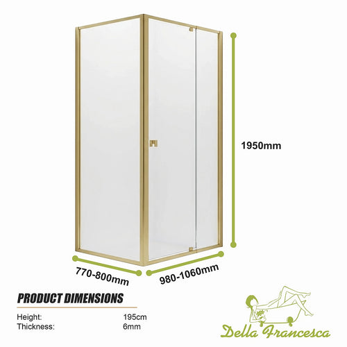 Adjustable Semi Frameless Shower Screen Front: (98~106)x195cm with Gold Hardware and Side: (77~80)x195cm