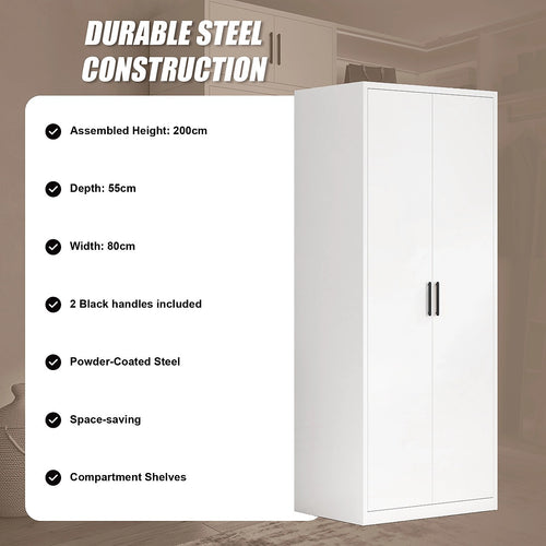 80x200cm 2-Door White Steel Shelf Wardrobe with Black Handle Storage Cabinet