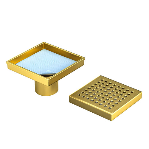 10 x 10cm Square Shower Drain with Grid Pattern Grate – Brushed Gold Stainless Steel