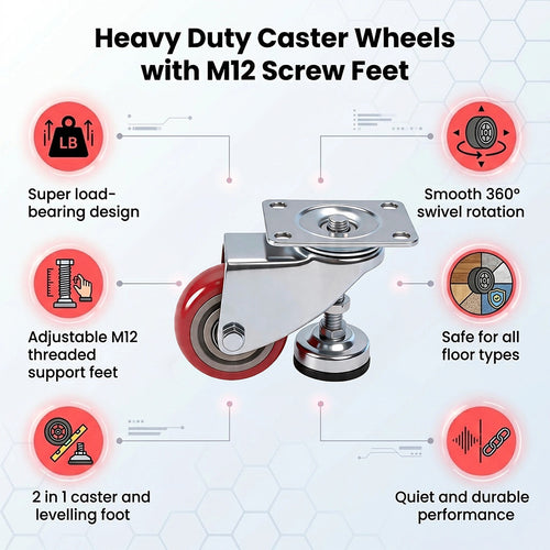 76mm Heavy Duty Swivel Caster Wheels with M12 Screw Feet – Set of 4