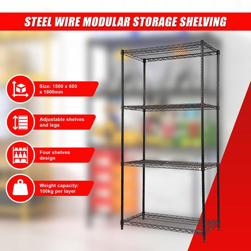 Modular Wire Storage Shelf 900 x 350 x 1800mm Steel Shelving - Baking Black Technology