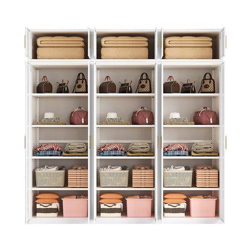 240x240cm 6-Door White Steel Shelf Wardrobe with Gold Handle Storage Cabinet