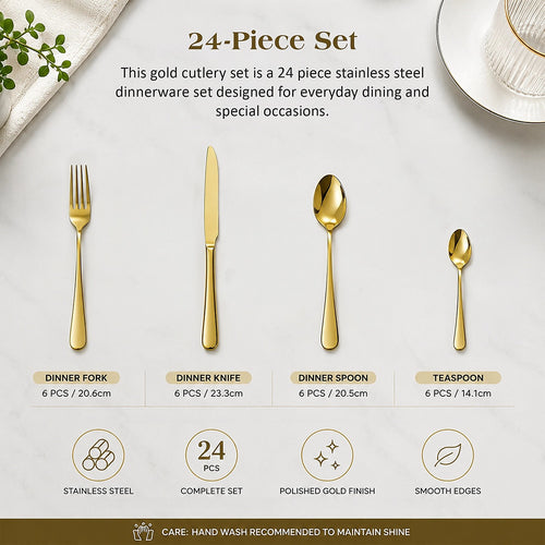24 Piece Gold Cutlery Set Stainless Steel Dinnerware