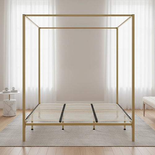 4-Poster King Bed Frame – Sturdy Gold Modern Canopy Bed for Bedroom