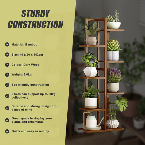 6 Tiers Vertical Bamboo Plant Stand Staged Flower Shelf Rack Outdoor Garden - Dark Wood