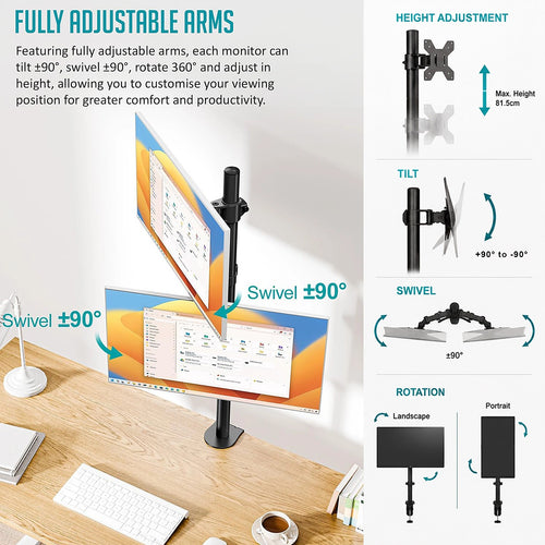Dual Monitor Stand Steel Desk Mount for 13-27 Inch Screens with Adjustable Arms VESA 75/100mm Black