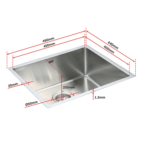 490x440mm Stainless Steel Handmade 1.2mm Sink with Waste in Stainless Steel 304 Finish