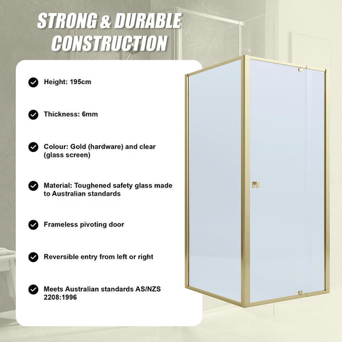 Adjustable Semi Frameless Shower Screen Front: (74~82)x195cm with Gold Hardware and Side: (98~101)x195cm