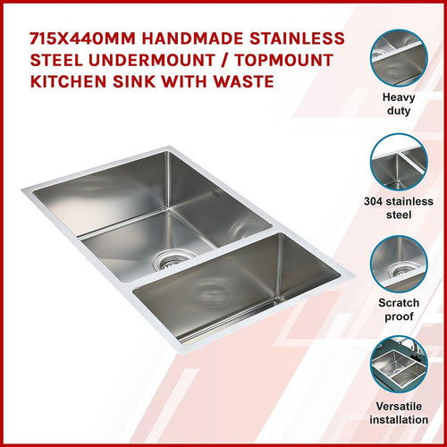 1.2mm Handmade Double Stainless Steel Sink with Waste - 715x440mm