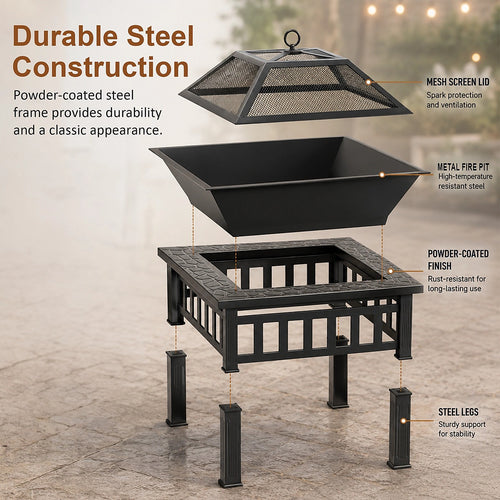 Square Fire Pit – Metal Design with Mesh Screen Lid & Poker