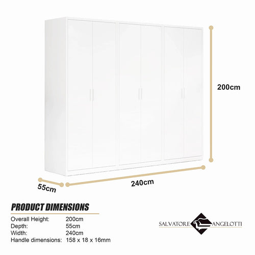 240x200cm 6-Door White Steel 2 Hanging and 1 Shelf Wardrobe with White Handle Storage Cabinet
